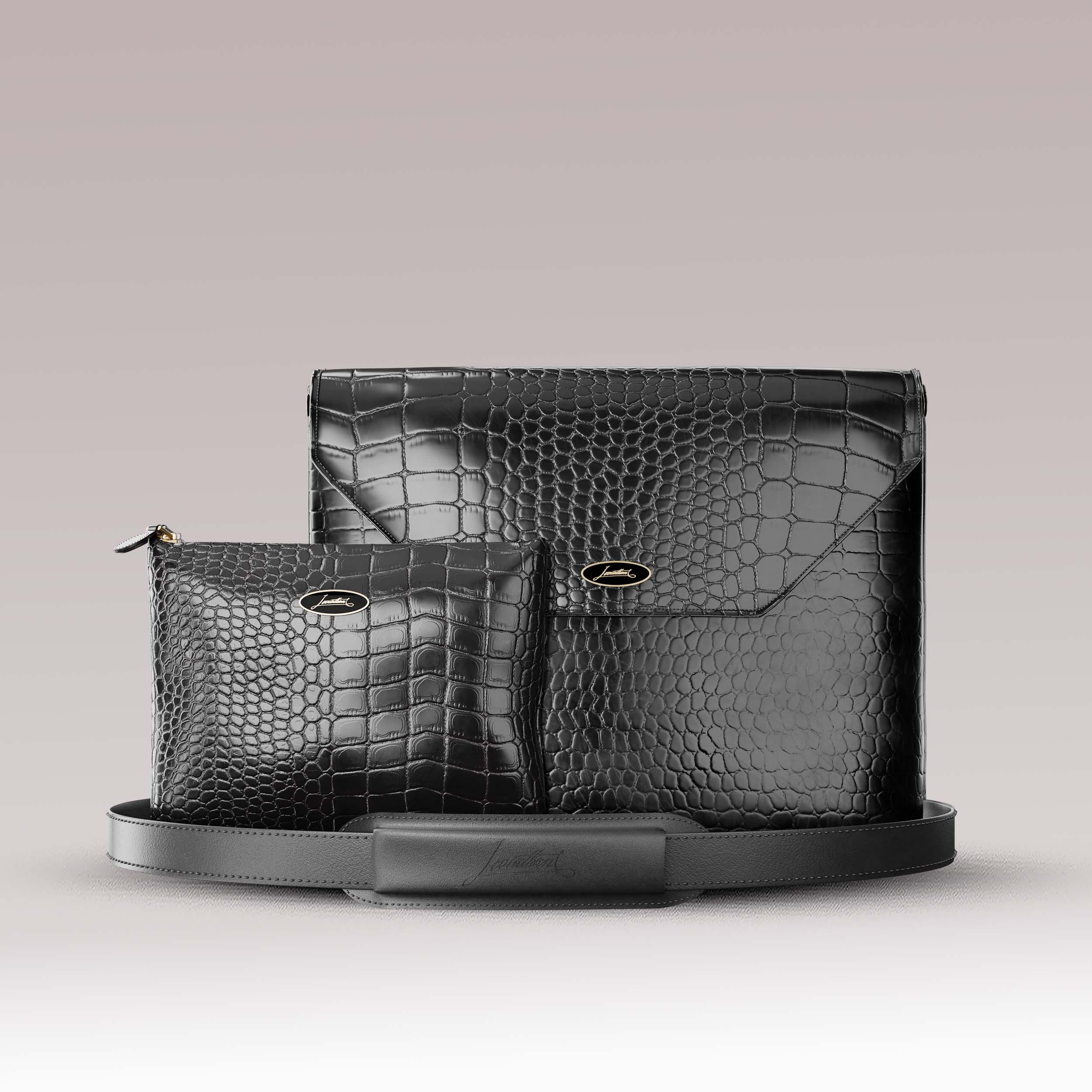 Tallit and Tefillin Set - Black Crocodile Leather - Gold Tone