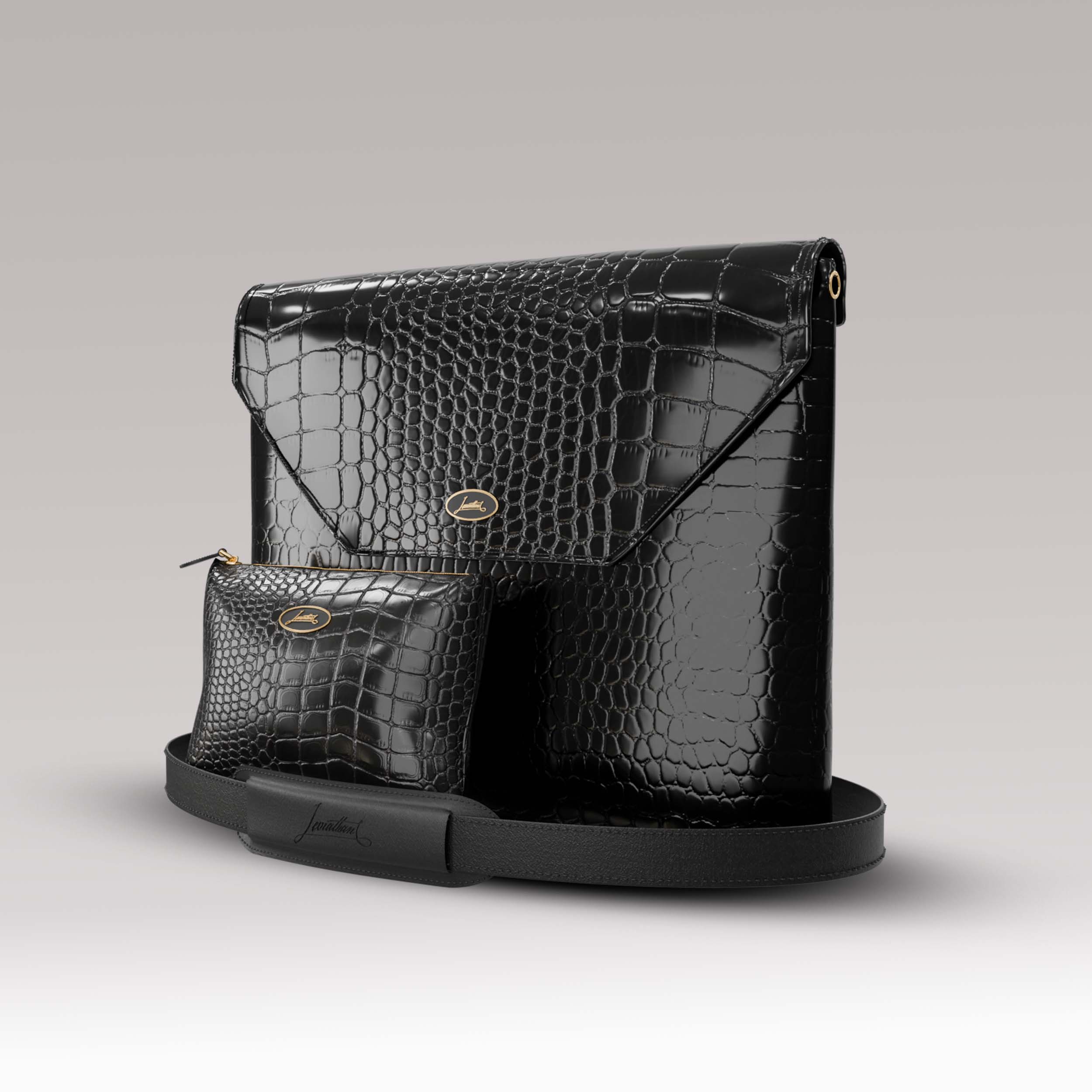 Tallit and Tefillin Set - Black Crocodile Leather - Gold Tone